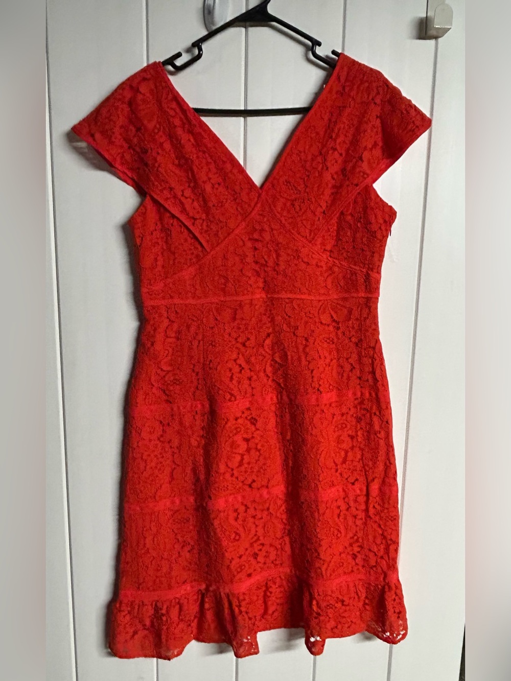 Nanette Lepore Red Lace Midi Dress with V-Neck